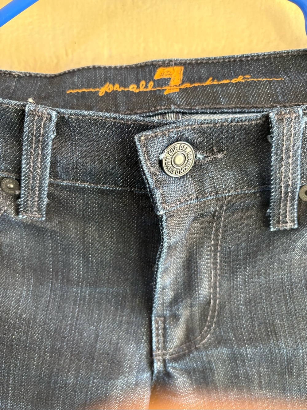 7 For All Mankind Dark Blue Straight-Leg Jeans with Pocket Rhinestone Detail - Picture 5 of 9